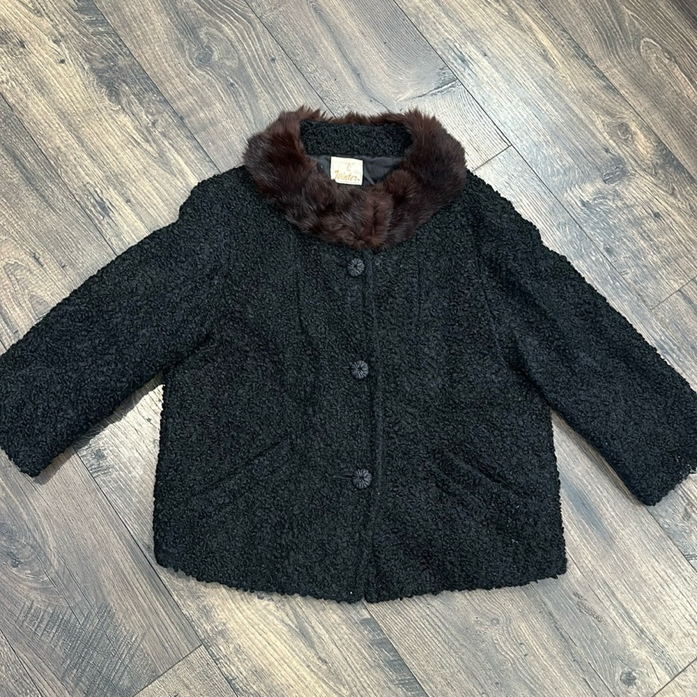VINTAGE 1950s Black Persian Lamb & Brown Mink Collar Jacket Size Medium